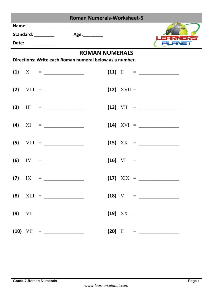 Free Printable Roman Numeral Worksheets Second Grade 