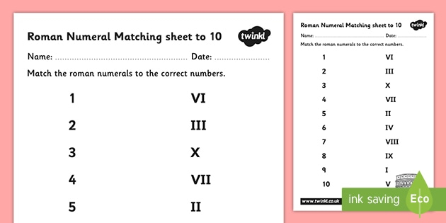 Roman Numerals 1 10 Matching Worksheet teacher Made