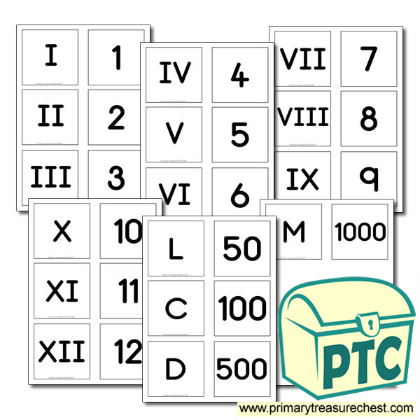 Roman Numerals And Numbers Matching Cards Primary Treasure Chest