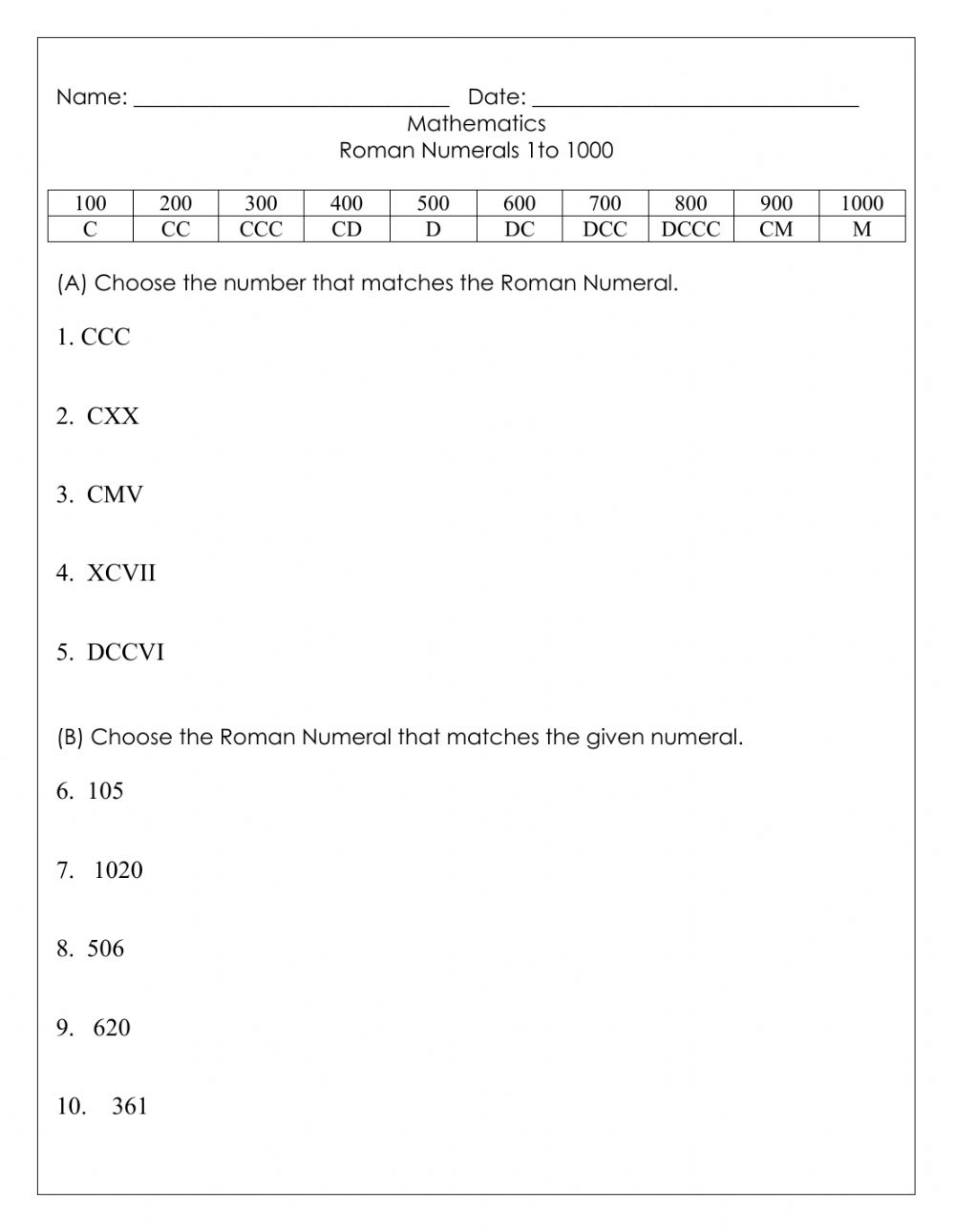 Roman Numerals To 1000 Worksheet