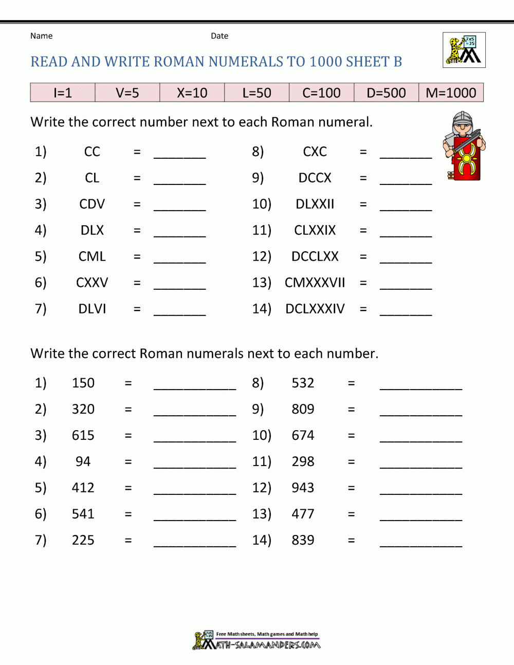 Roman Numerals Worksheet