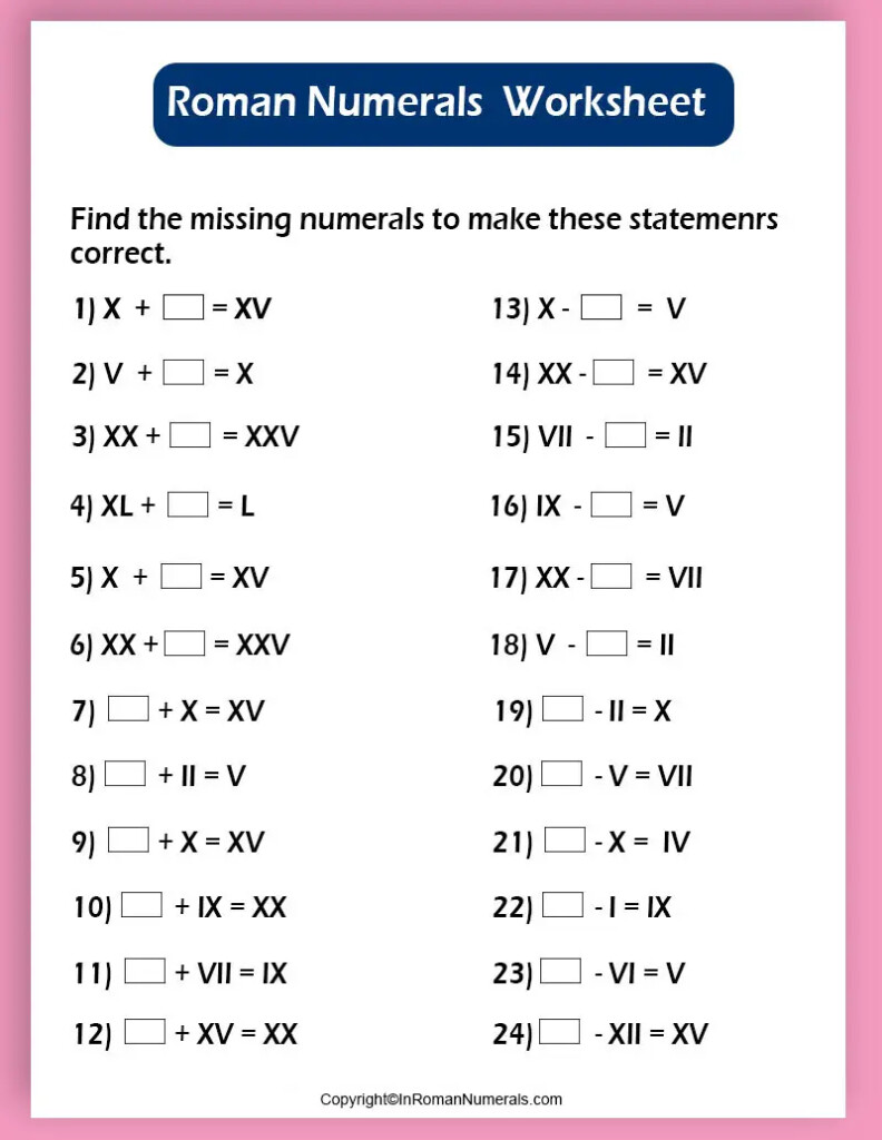 Roman Numerals Worksheets Grade 2 3 4 5 6 Printable PDF 