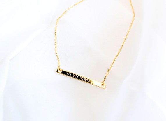 Roman Numeral Bar Necklace 14K Gold Filled Chain 925 By SpellingB 